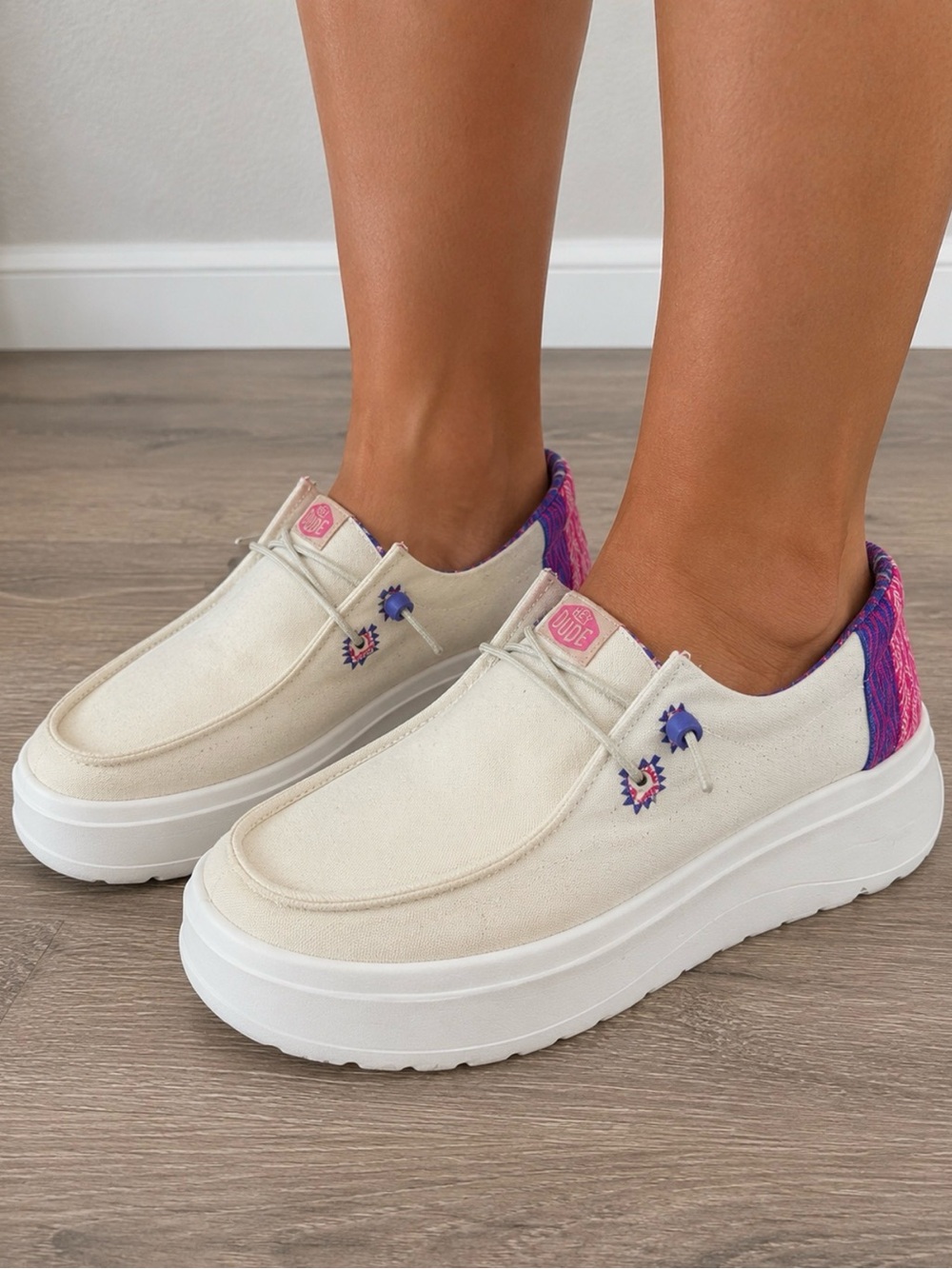 Hey dude, cream colored with purple accents slip on platform shoes size W8